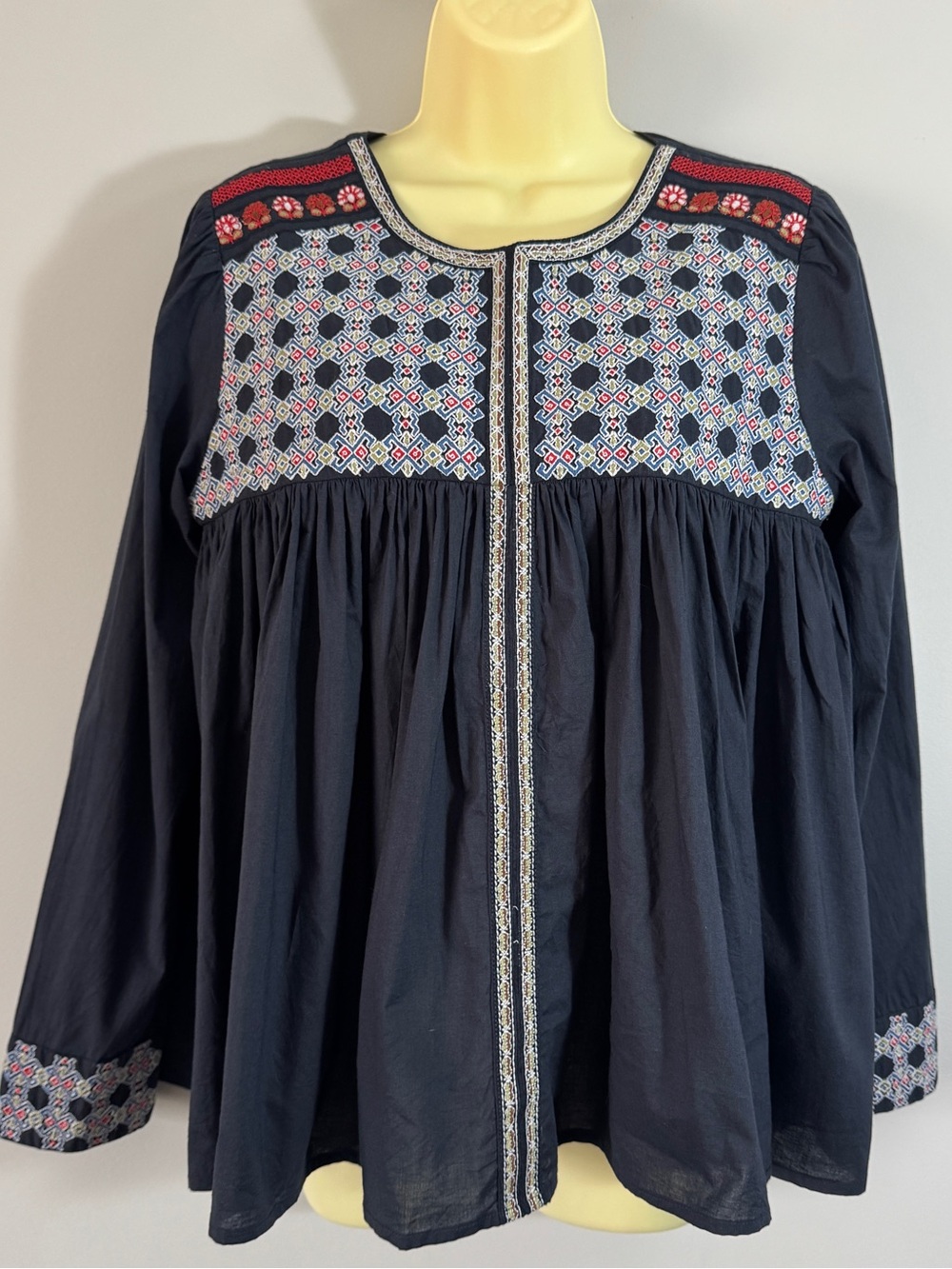 Ultra Pink Embroidered Boho High-Low Tunic Blouse Bohemian Navy Medium